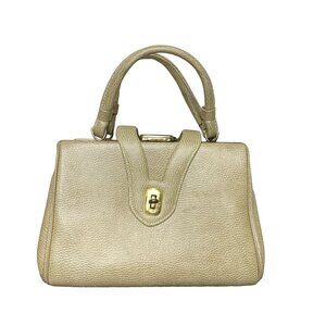 Vintage 60s MCM Beige Pebbled Leather Handbag, Gold Hardware & Turn Lock Closure